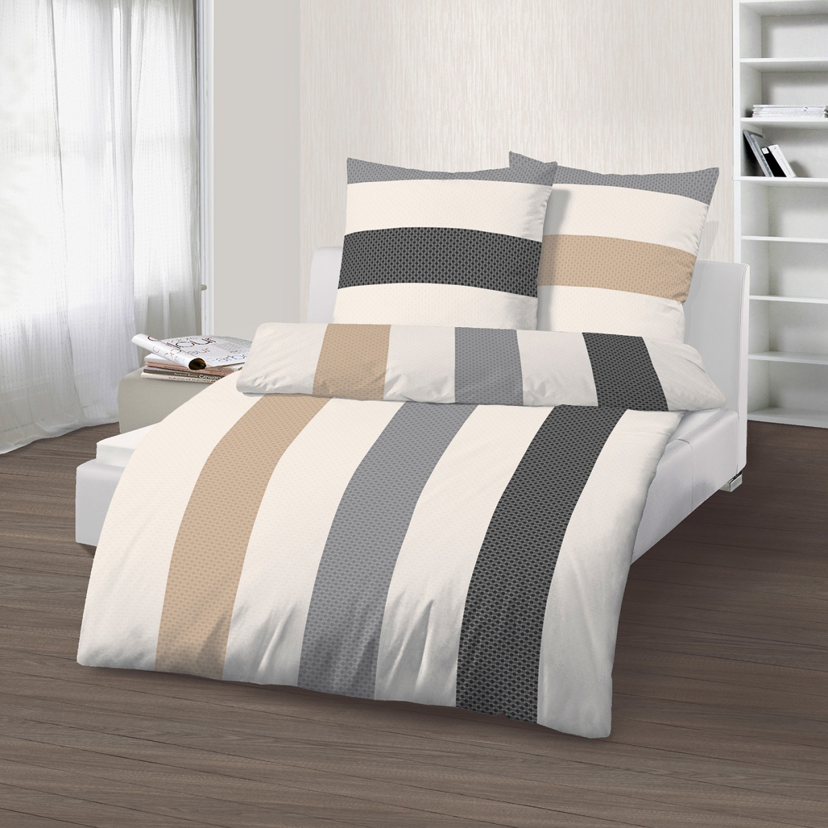 Fein-Biber Bettwäsche gestreift beige/grau 135x200 / 40x80 | Schmidt | Markenwelt