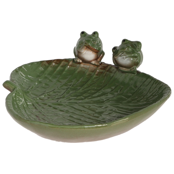 Keramik-Vogelbad in Blattform mit Fröschen