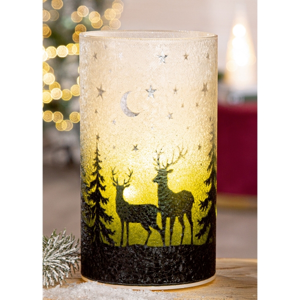 LED Glas-Windlicht Styrom mit Waldmotiv, Höhe 16cm